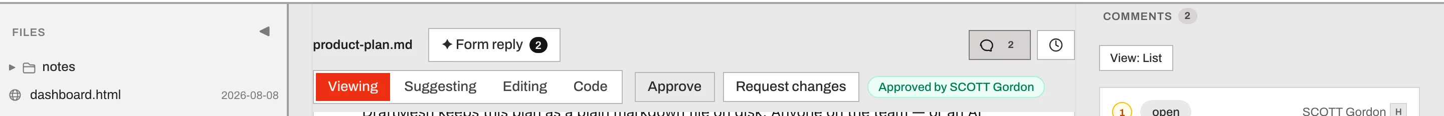 After approving, the toolbar shows who approved