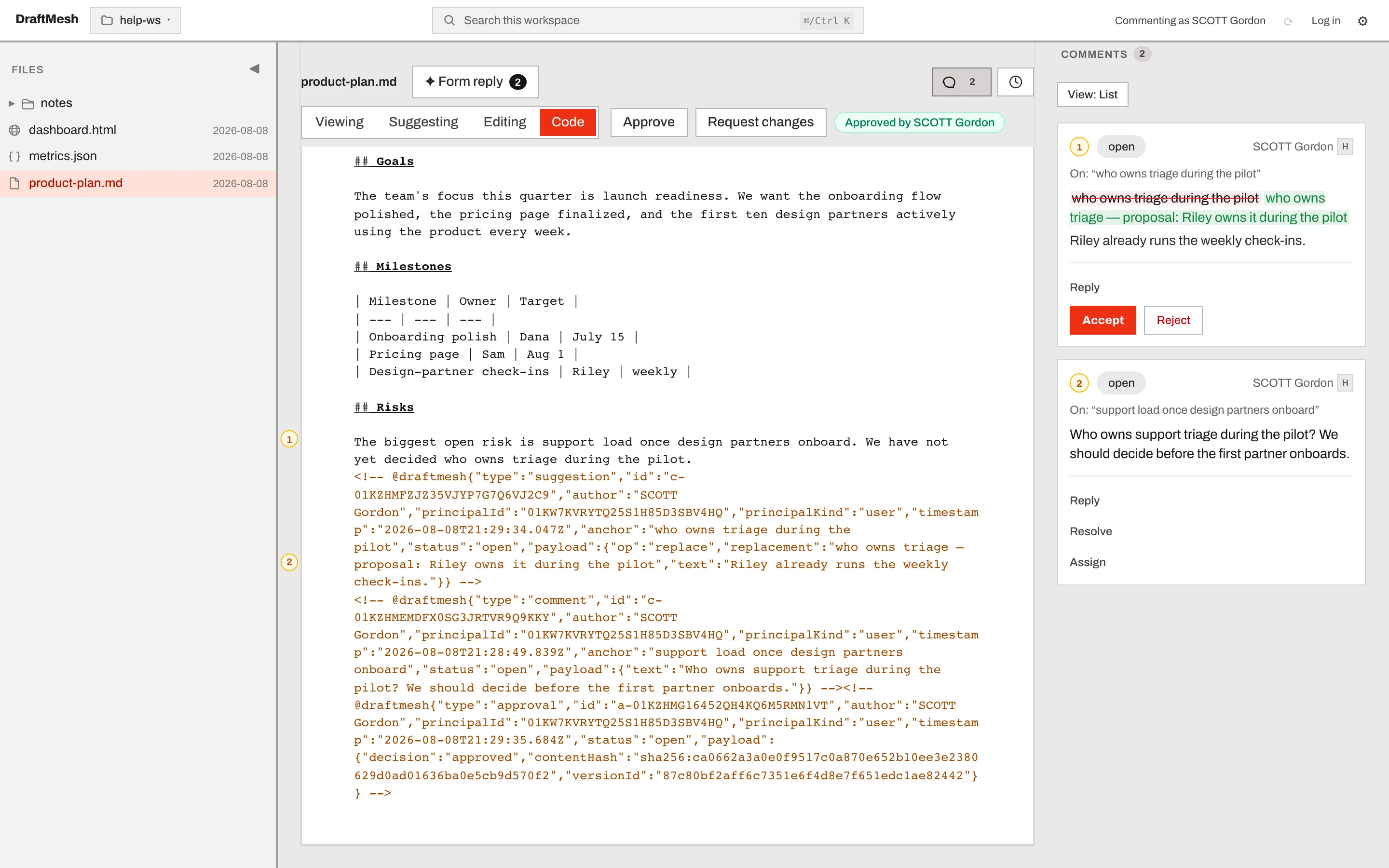 Code mode showing the raw markdown with DraftMesh annotation markers