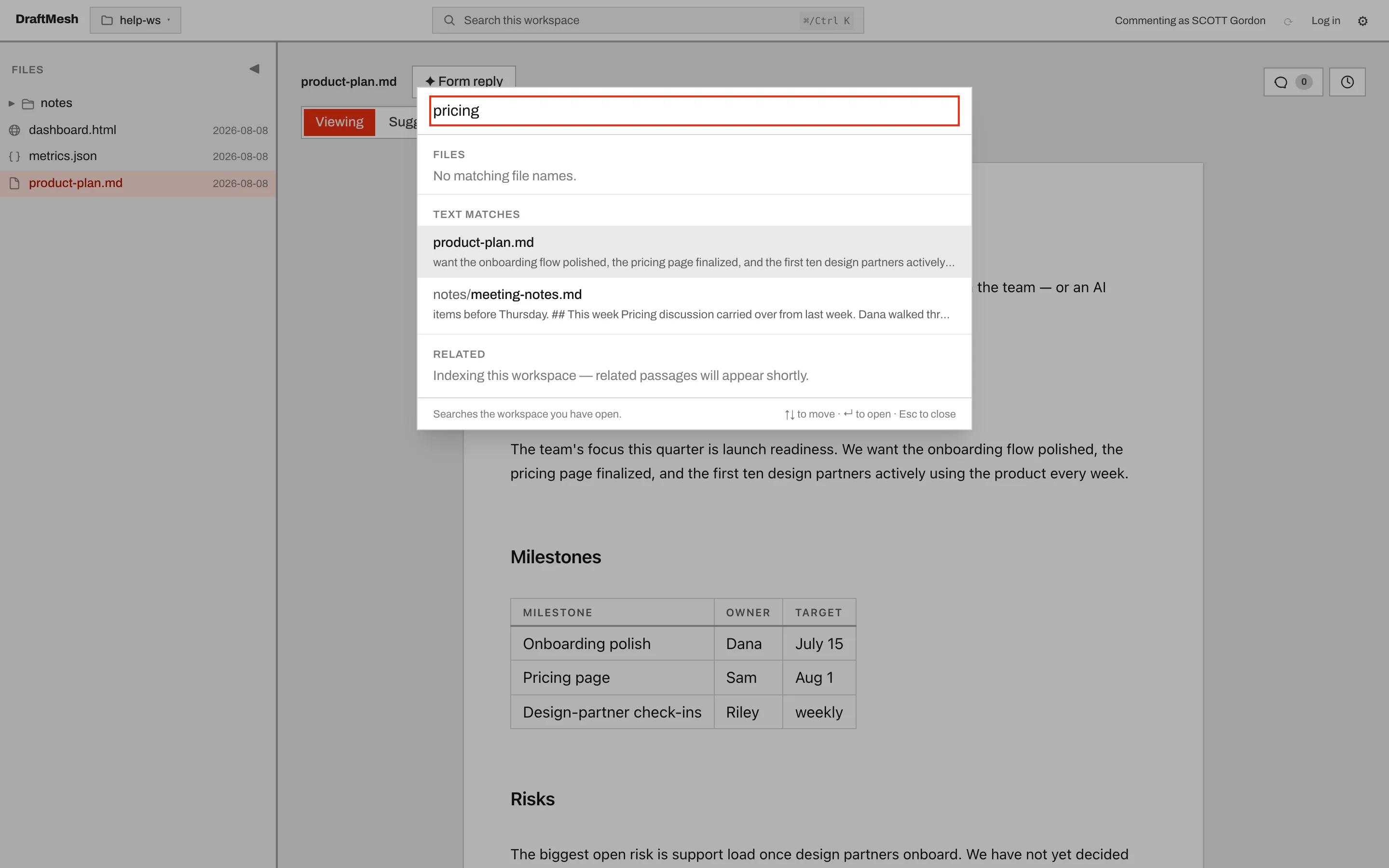 The search palette showing file-name and full-text matches