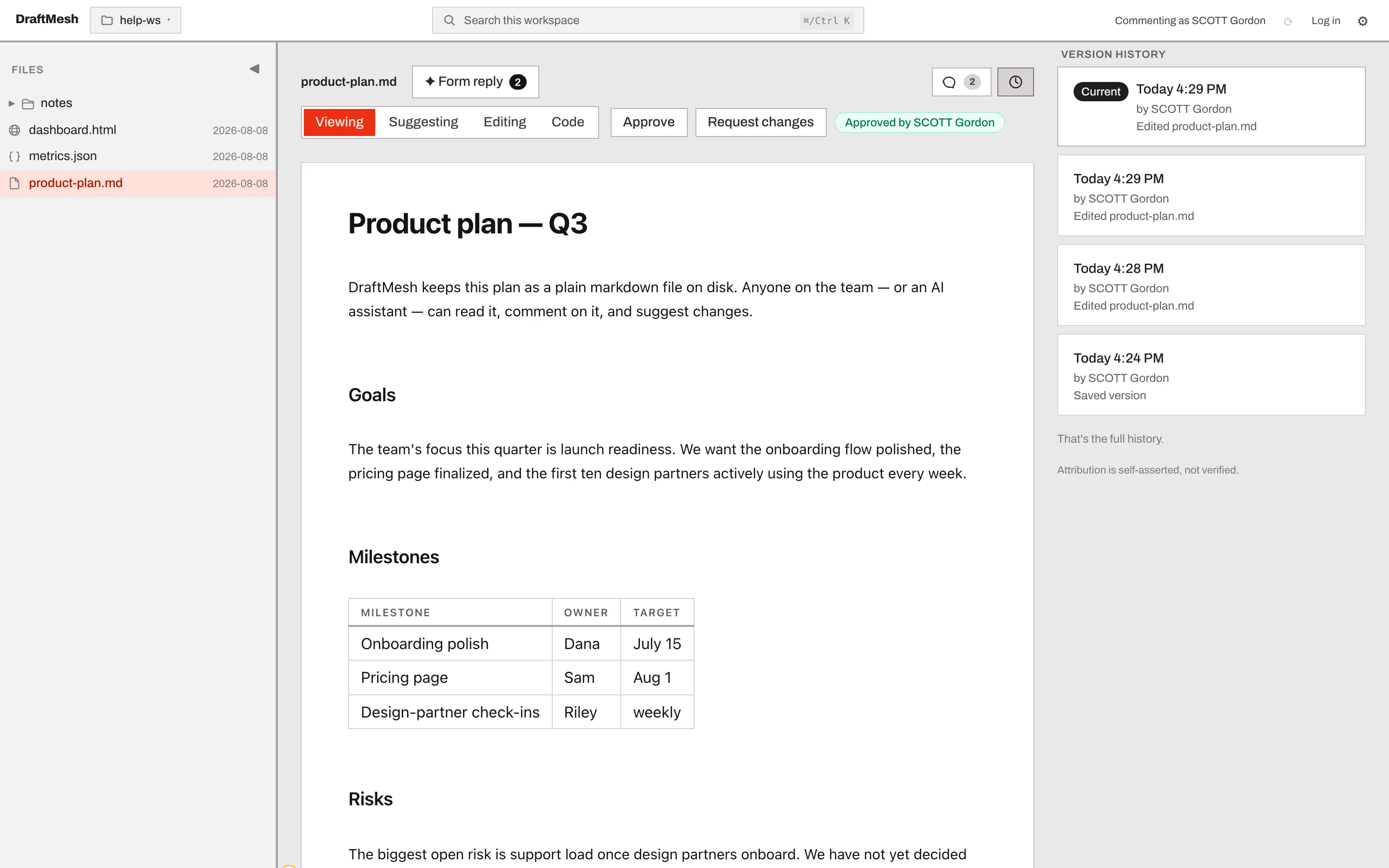 The DraftMesh version history panel listing saved versions of a document, each with its author and the time it was saved, and a Restore version button.