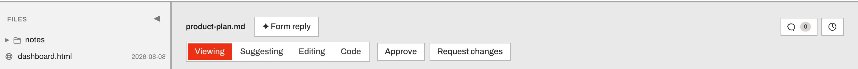 The document toolbar: Viewing, Suggesting, Editing and Code modes, plus Approve and Request changes