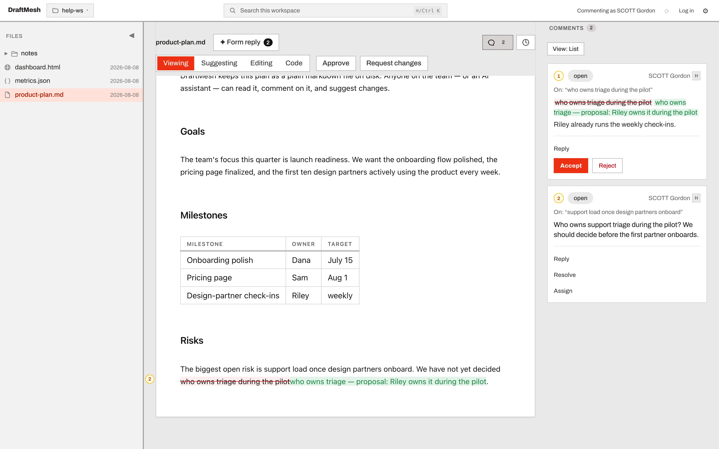 A suggestion rendered as tracked changes, with Accept and Reject in the comments panel
